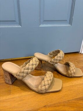 Braided Strap Beige Block Heel Sandals